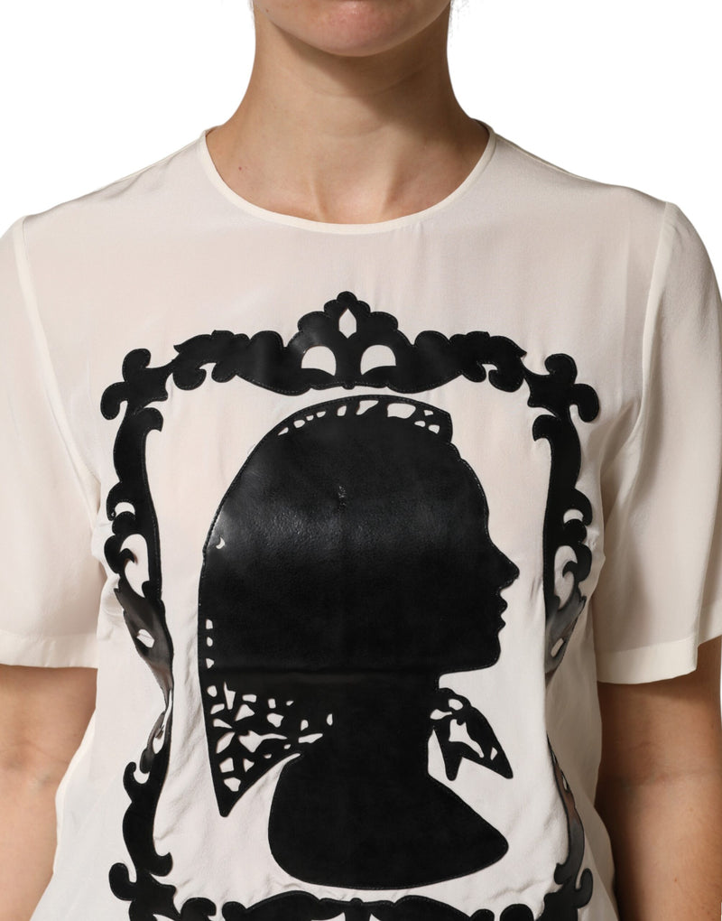 Blusa de seda creme com detalhe em silhueta e mangas curtas da Dolce & Gabbana