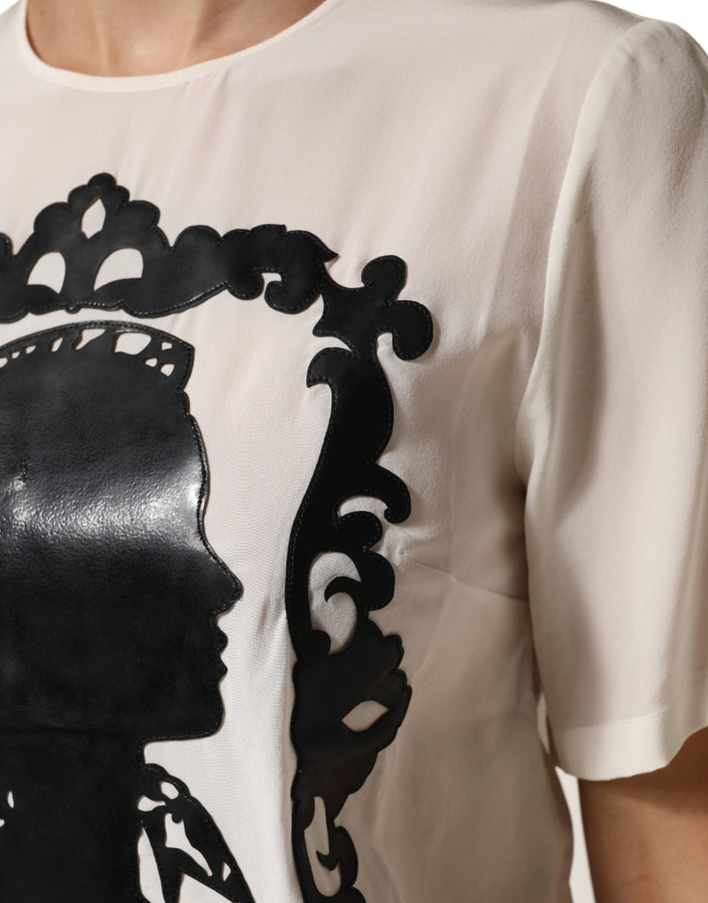 Blusa de seda creme com detalhe em silhueta e mangas curtas da Dolce & Gabbana