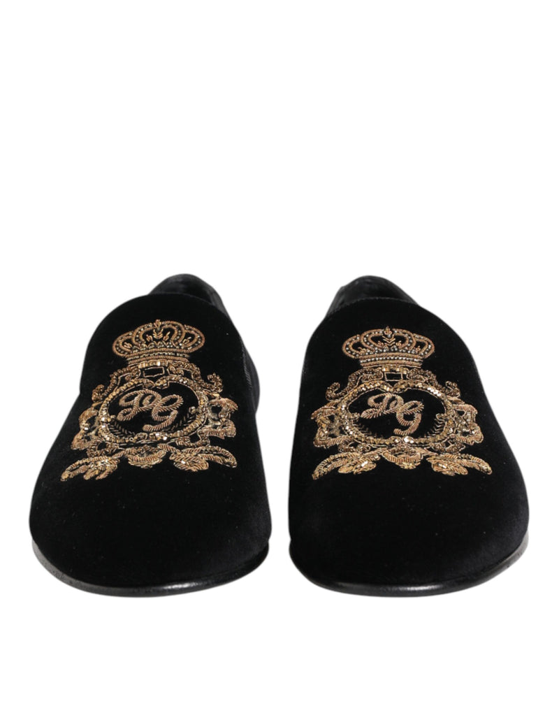 Mocassins pour homme Dolce & Gabbana en velours noir avec couronne dorée