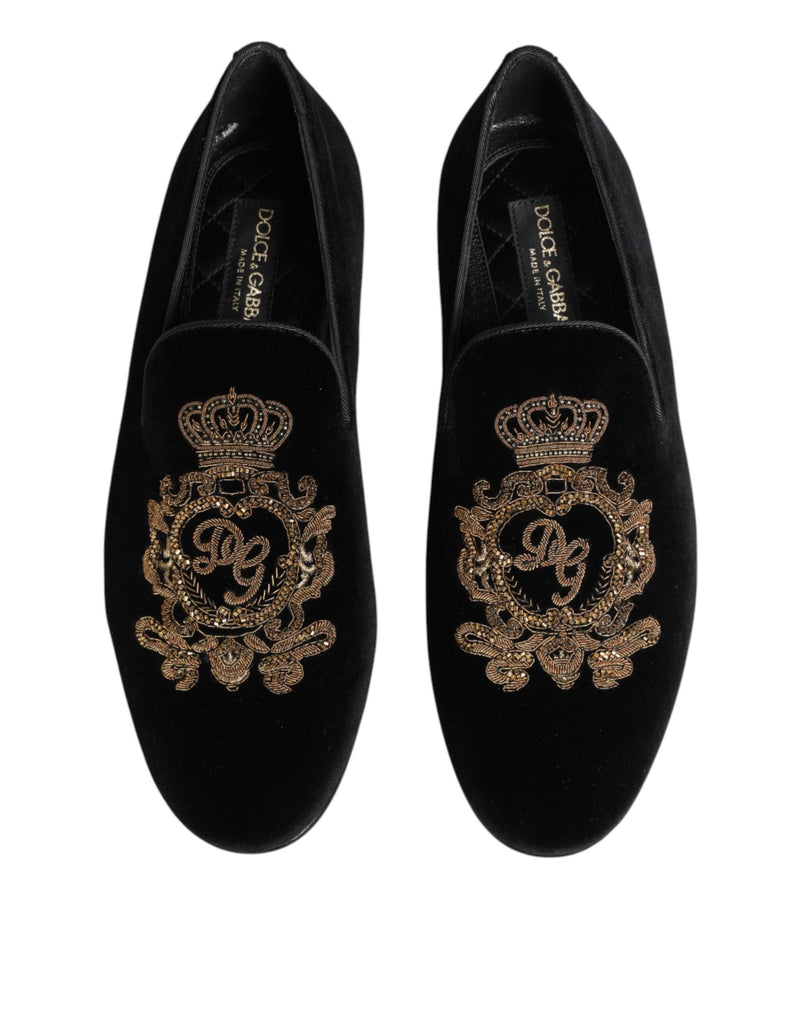 Mocassins pour homme Dolce & Gabbana en velours noir avec couronne dorée
