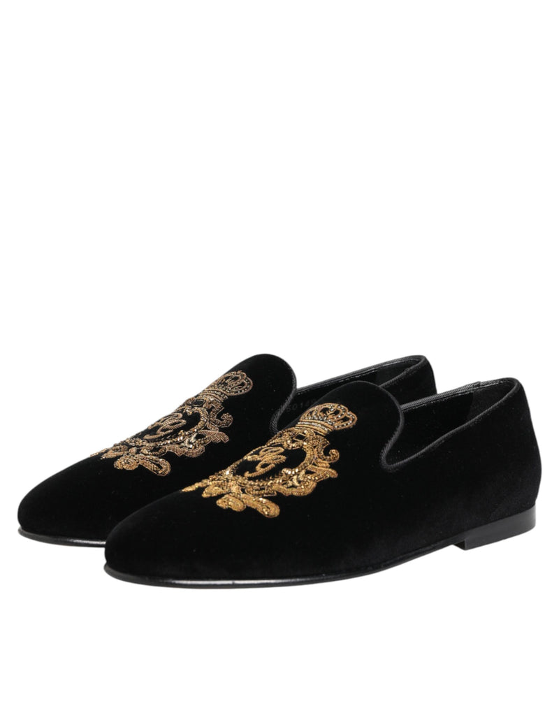 Mocassins pour homme Dolce & Gabbana en velours noir avec couronne dorée