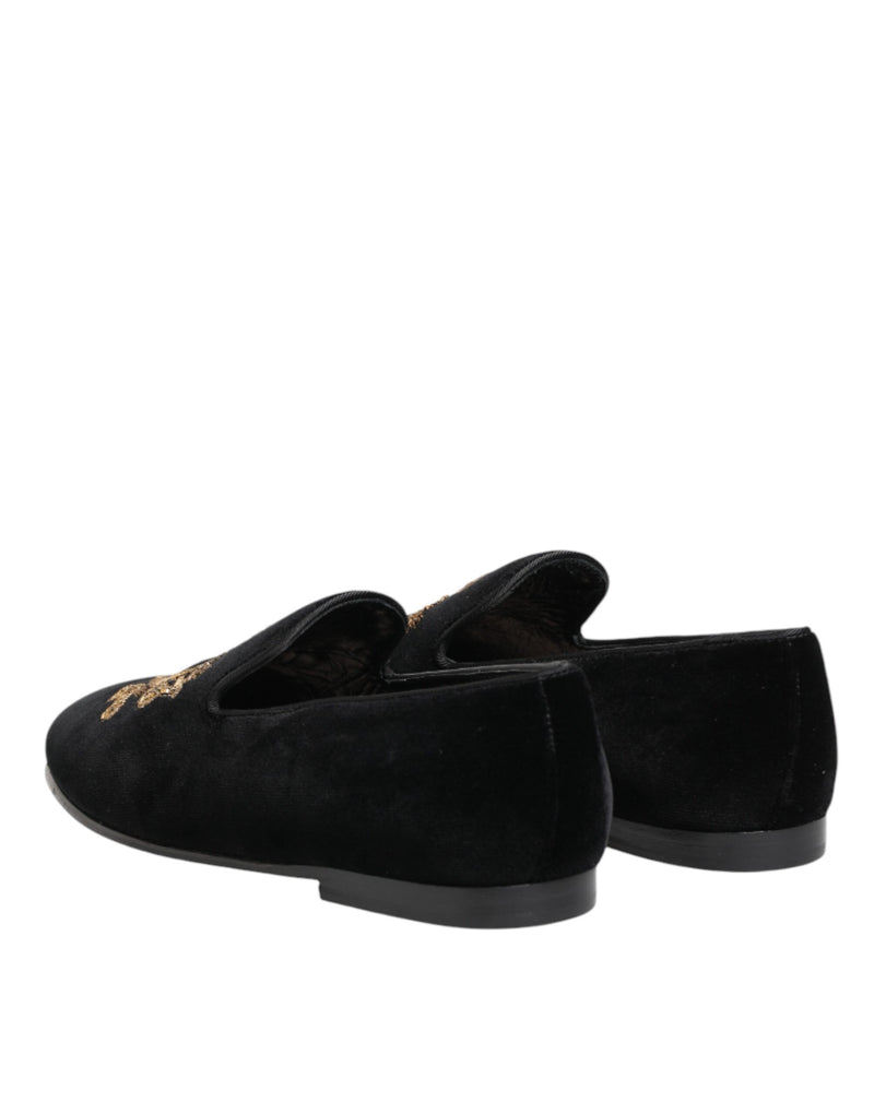 Mocassins pour homme Dolce & Gabbana en velours noir avec couronne dorée