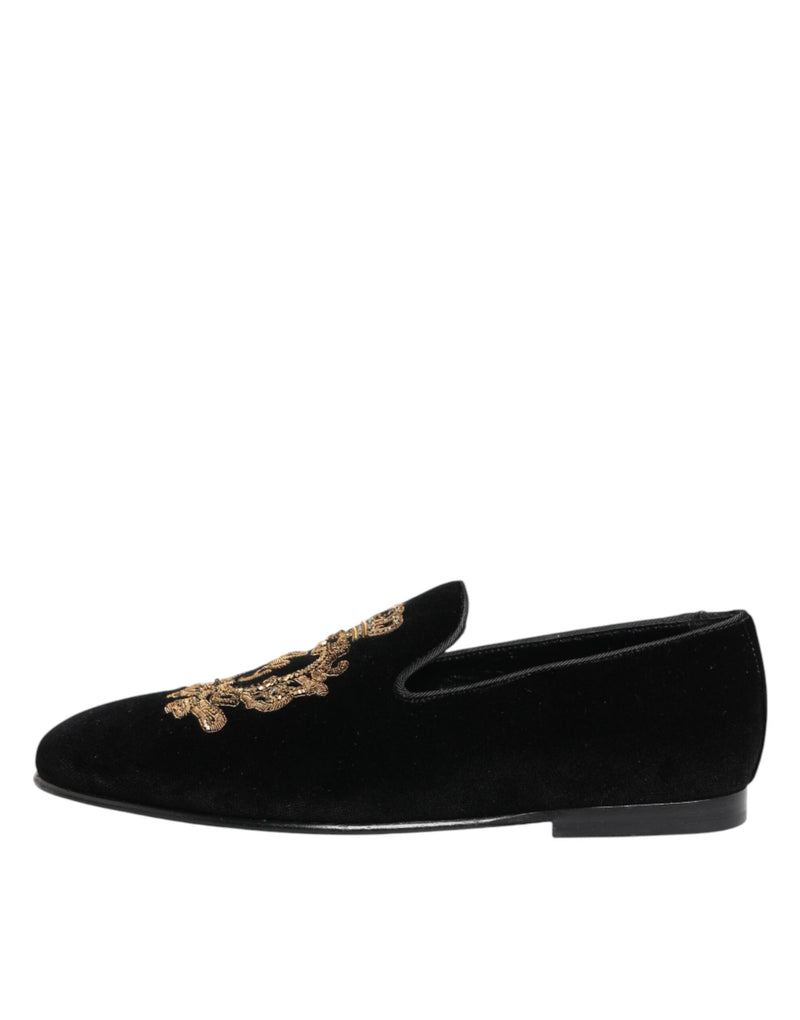 Mocassins pour homme Dolce & Gabbana en velours noir avec couronne dorée