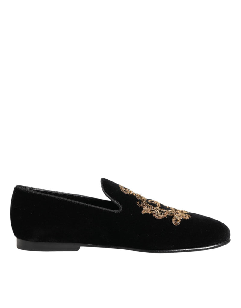 Mocassins pour homme Dolce & Gabbana en velours noir avec couronne dorée
