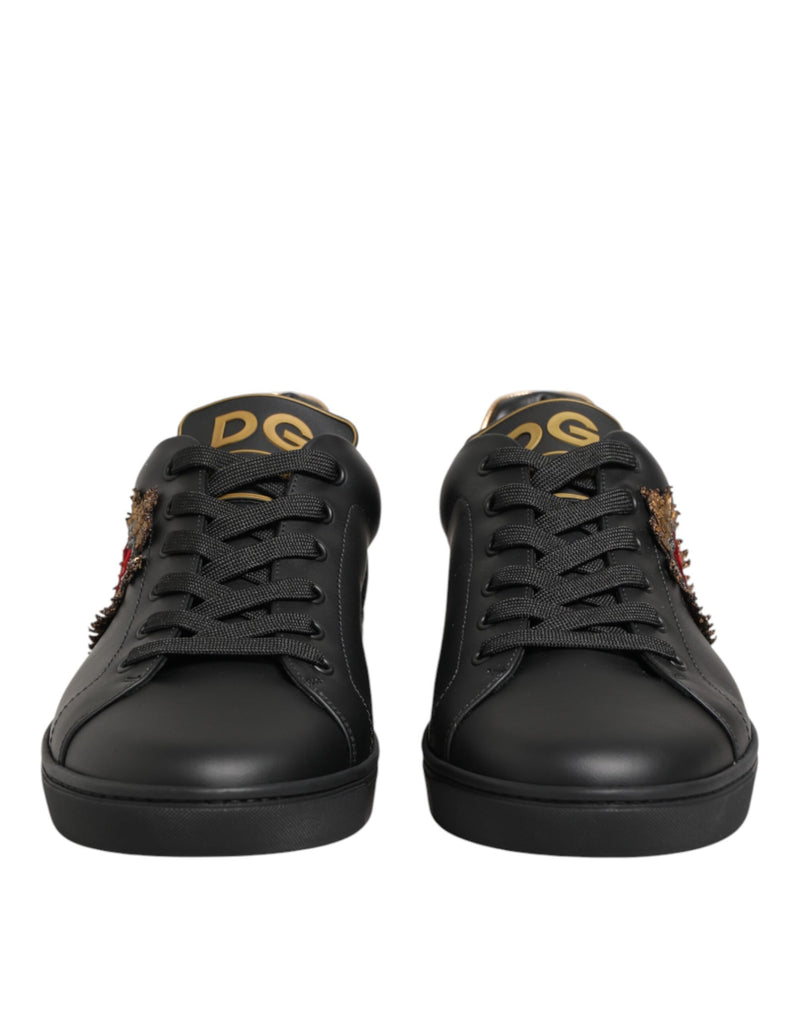 Dolce & Gabbana Black Leather Heart Embellished Sneakers Shoes