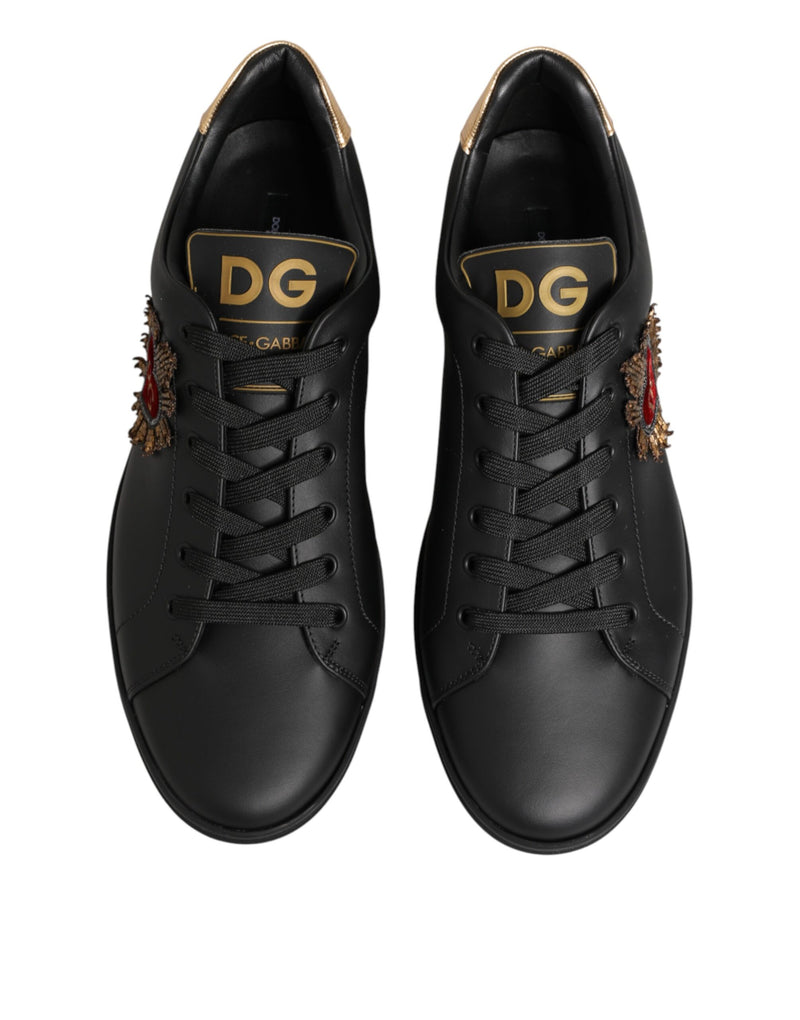 Dolce & Gabbana Black Leather Heart Embellished Sneakers Shoes