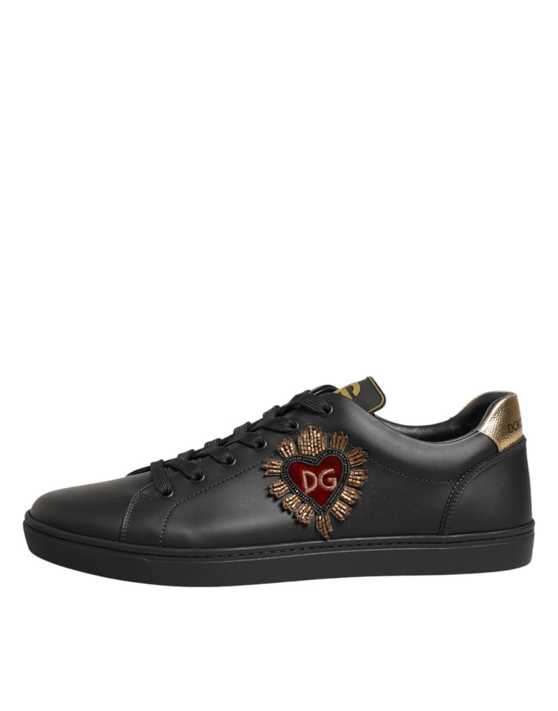 Dolce & Gabbana Black Leather Heart Embellished Sneakers Shoes