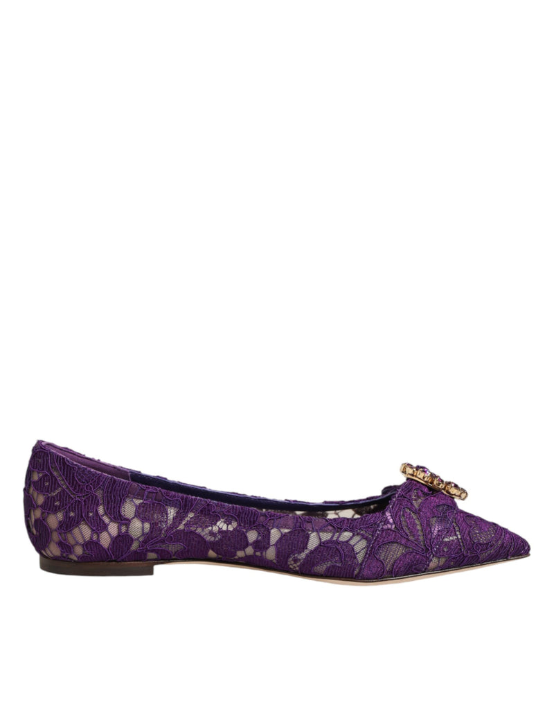 Dolce & Gabbana Purple Taormina Lace Crystals Flats Shoes