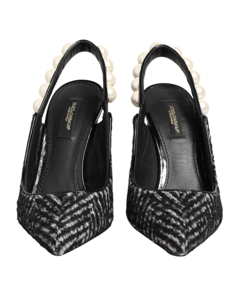 Scarpe slingback Dolce & Gabbana bianche e nere con motivo a zigzag e perle finte