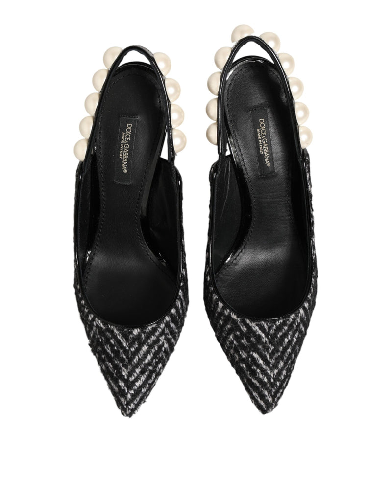 Scarpe slingback Dolce & Gabbana bianche e nere con motivo a zigzag e perle finte