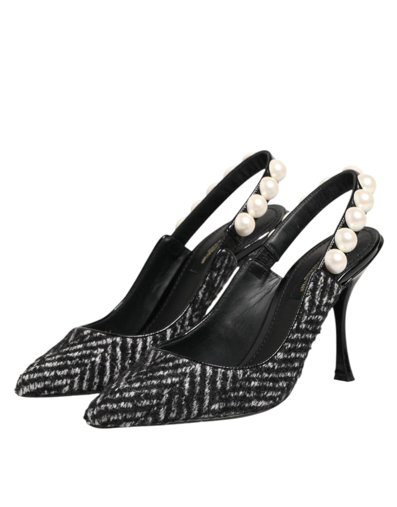 Scarpe slingback Dolce & Gabbana bianche e nere con motivo a zigzag e perle finte