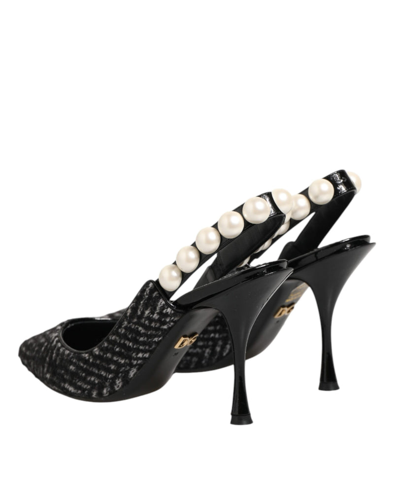 Scarpe slingback Dolce & Gabbana bianche e nere con motivo a zigzag e perle finte