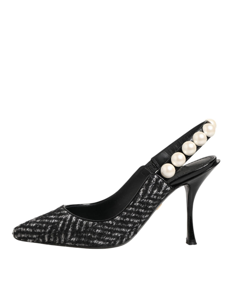 Scarpe slingback Dolce & Gabbana bianche e nere con motivo a zigzag e perle finte