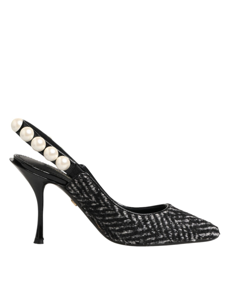 Scarpe slingback Dolce & Gabbana bianche e nere con motivo a zigzag e perle finte