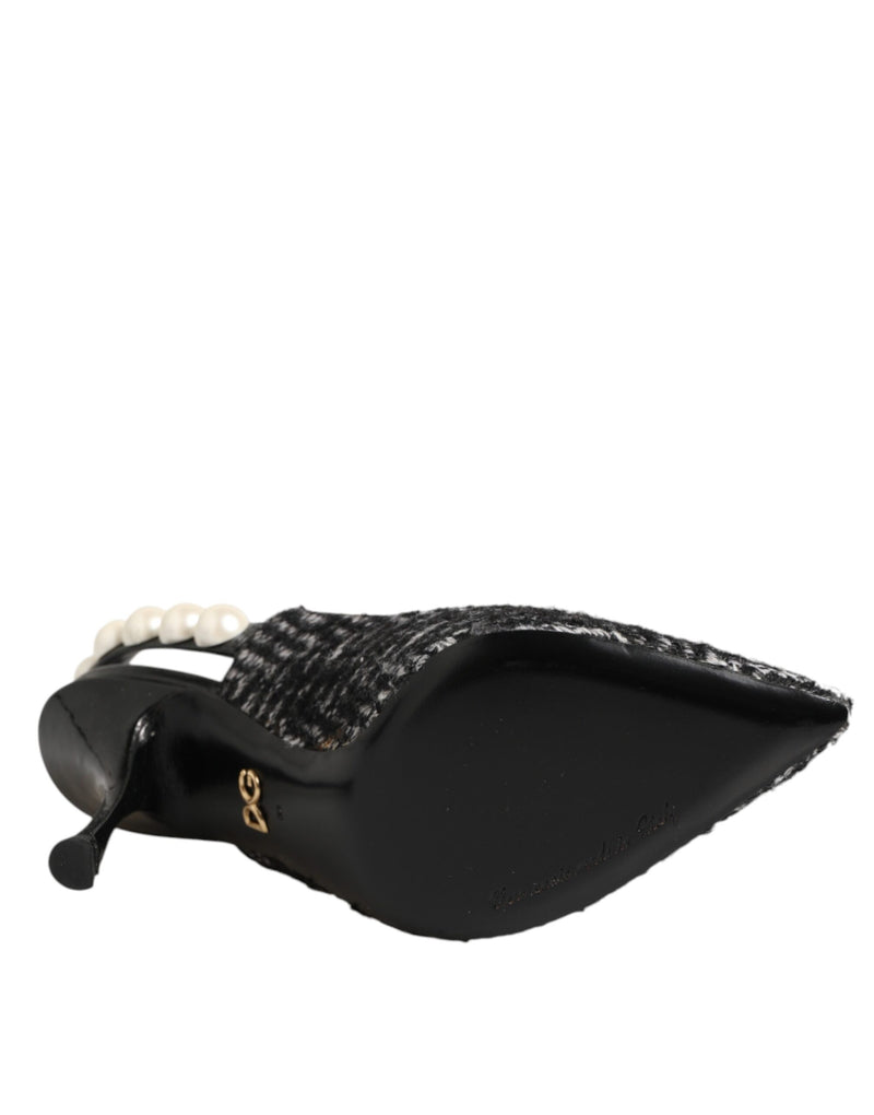 Scarpe slingback Dolce & Gabbana bianche e nere con motivo a zigzag e perle finte