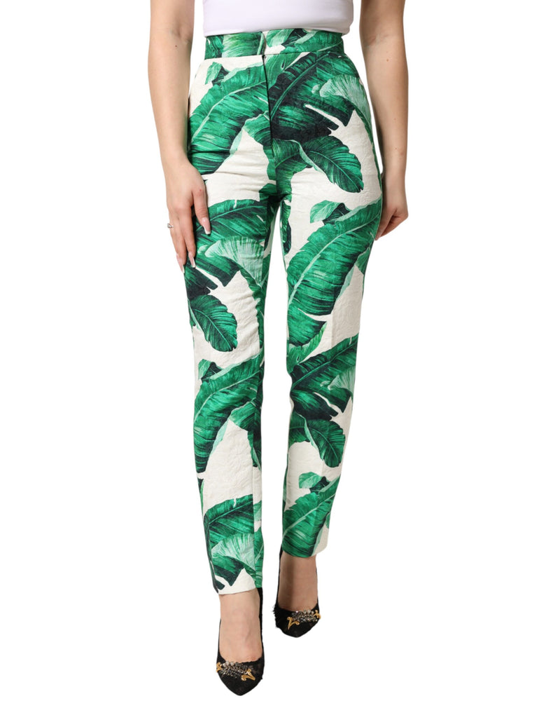 Pantalon taille haute blanc à motif de feuilles vertes Dolce & Gabbana
