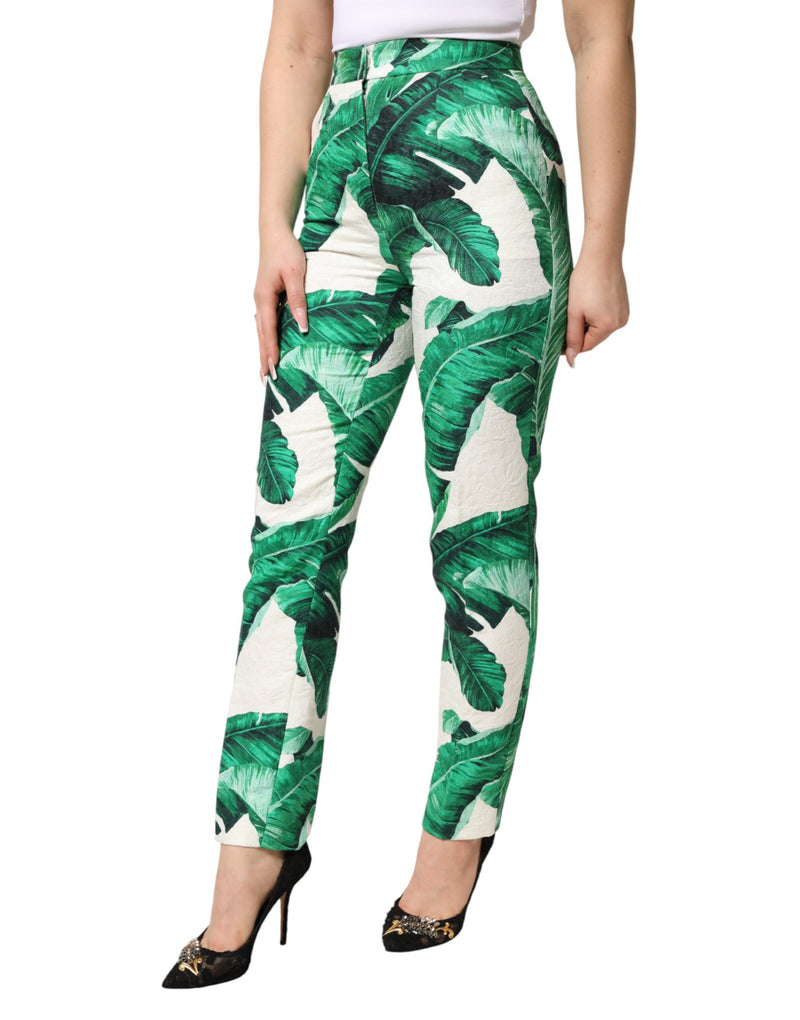 Pantalon taille haute blanc à motif de feuilles vertes Dolce & Gabbana