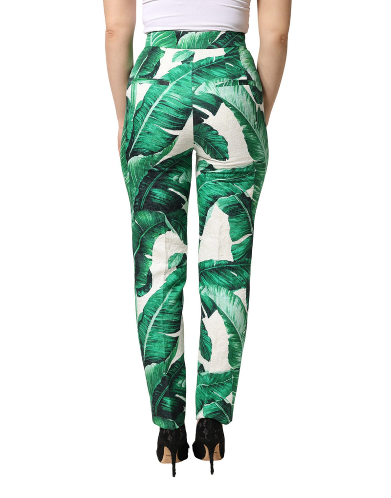 Pantalon taille haute blanc à motif de feuilles vertes Dolce & Gabbana
