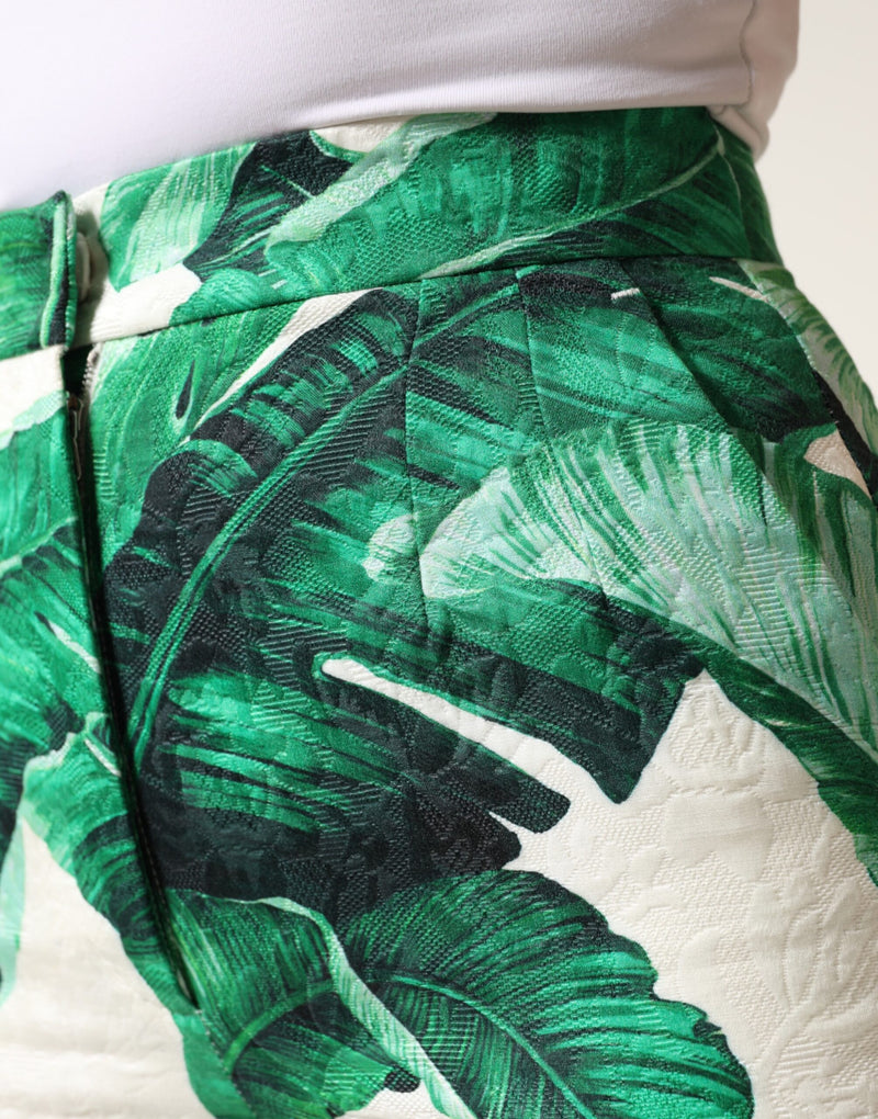 Pantalon taille haute blanc à motif de feuilles vertes Dolce & Gabbana