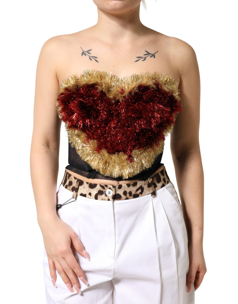 Top Dolce & Gabbana preto com dourado, coração e corset estilo bustiê com fios metalizados