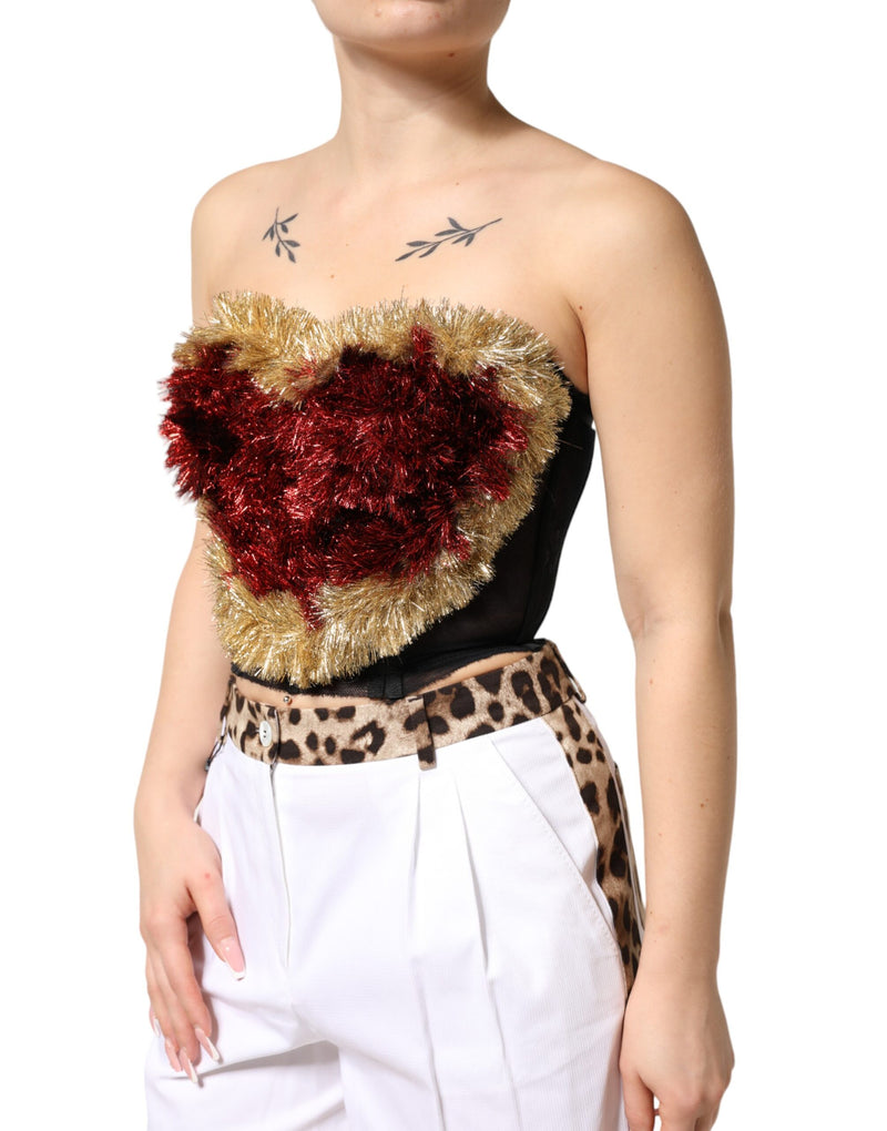 Top Dolce & Gabbana preto com dourado, coração e corset estilo bustiê com fios metalizados