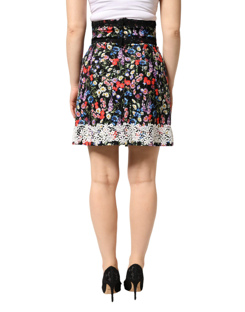 Minifalda negra de talle alto en algodón con encaje floral de Dolce & Gabbana