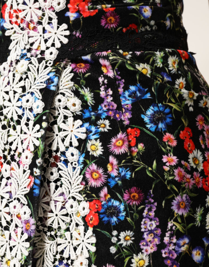 Minifalda negra de talle alto en algodón con encaje floral de Dolce & Gabbana