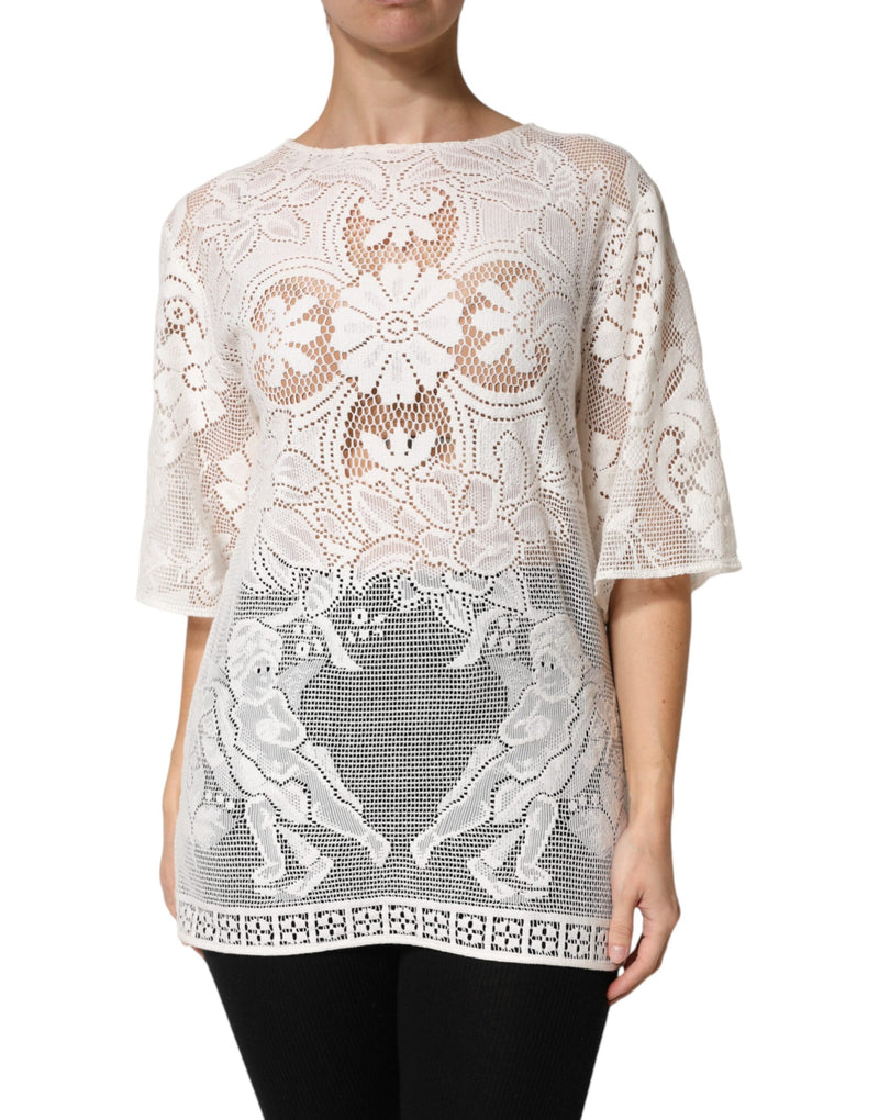 Blusa bianca in cotone con pizzo ricamato di Dolce & Gabbana