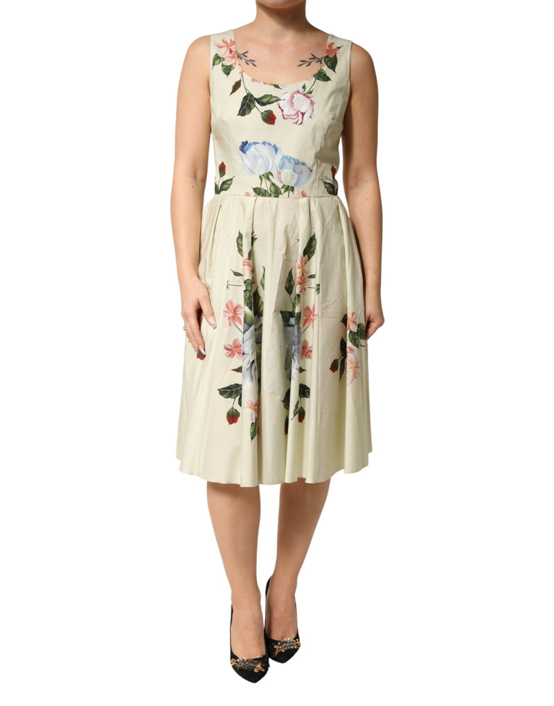 Robe trapèze beige à fleurs sans manches Dolce & Gabbana
