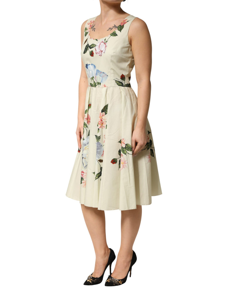 Robe trapèze beige à fleurs sans manches Dolce & Gabbana