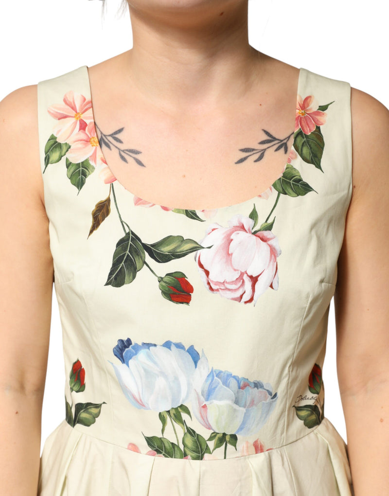 Robe trapèze beige à fleurs sans manches Dolce & Gabbana