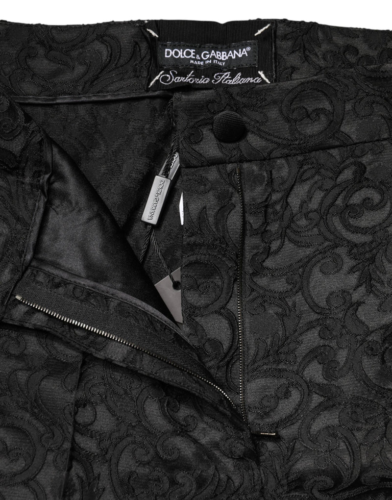 Dolce & Gabbana Black Floral Brocade High Waisted Trouser Pants