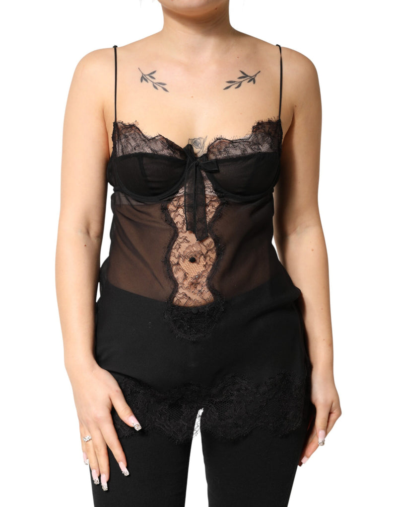 Top lencero negro de seda con encaje floral Dolce & Gabbana