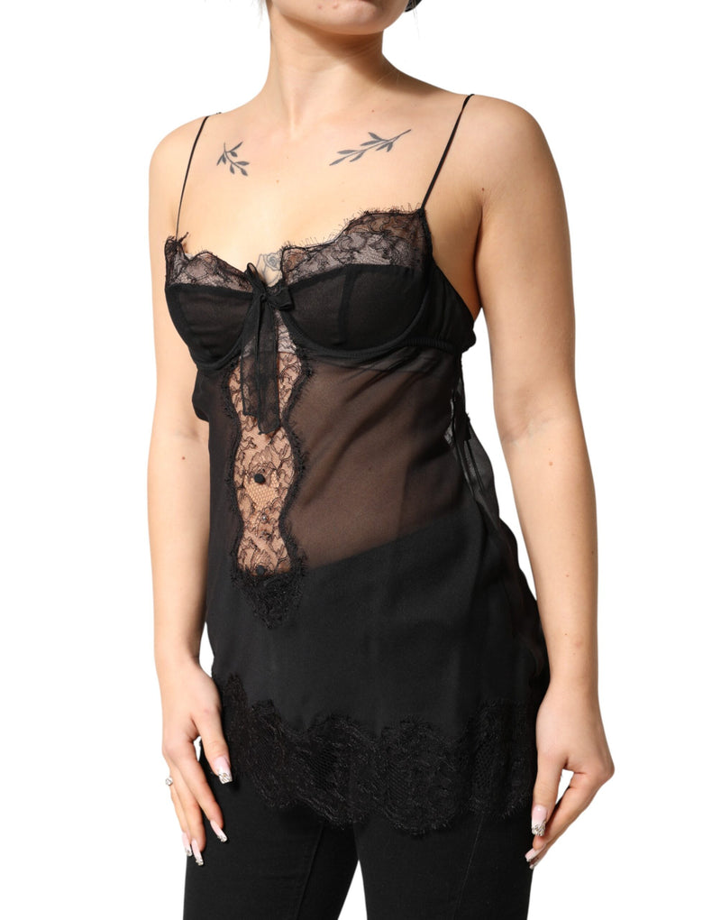 Top lencero negro de seda con encaje floral Dolce & Gabbana
