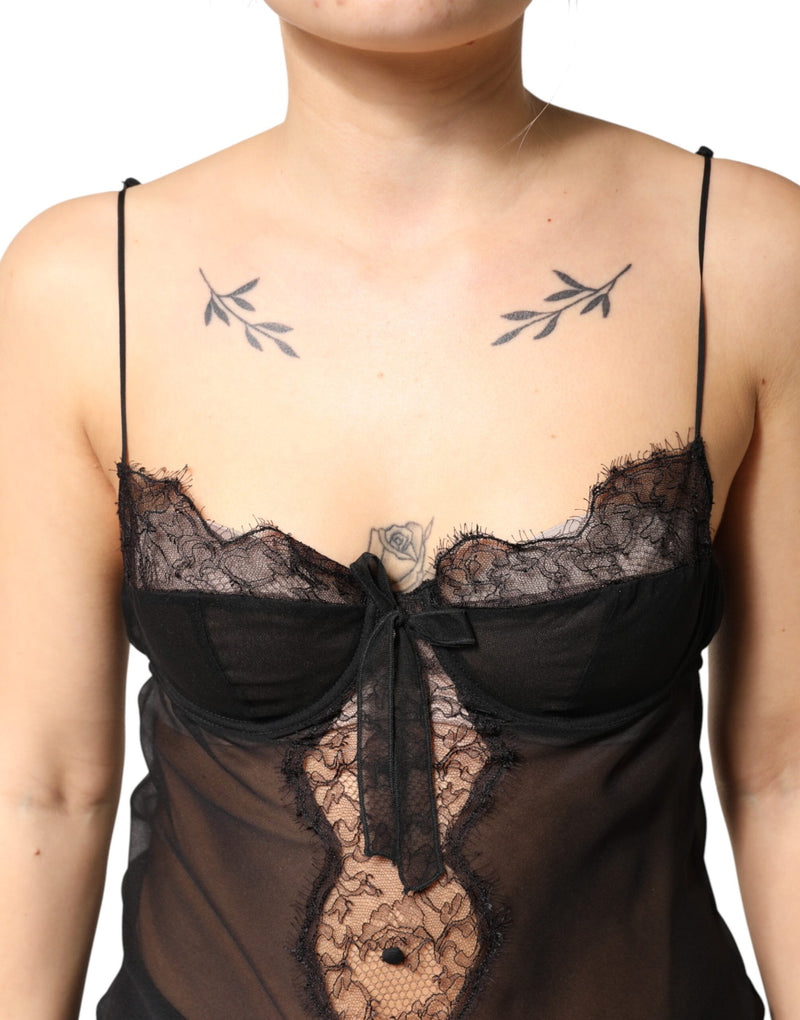 Top lencero negro de seda con encaje floral Dolce & Gabbana