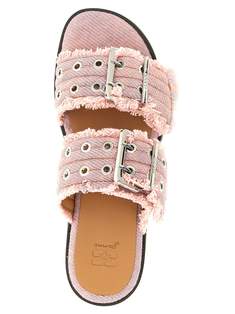 Ganni Ganni Feminine Buckle Fringed Denim Sandals