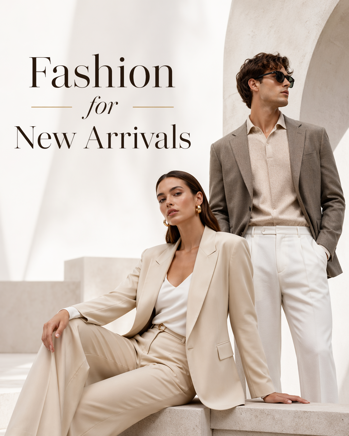All New In by Urbalenti: beige designer essentials styling with blazer jacket, t-shirt, black backpack, quilted mini bag, pearl jewelry and sunglasses on a neutral fashion display