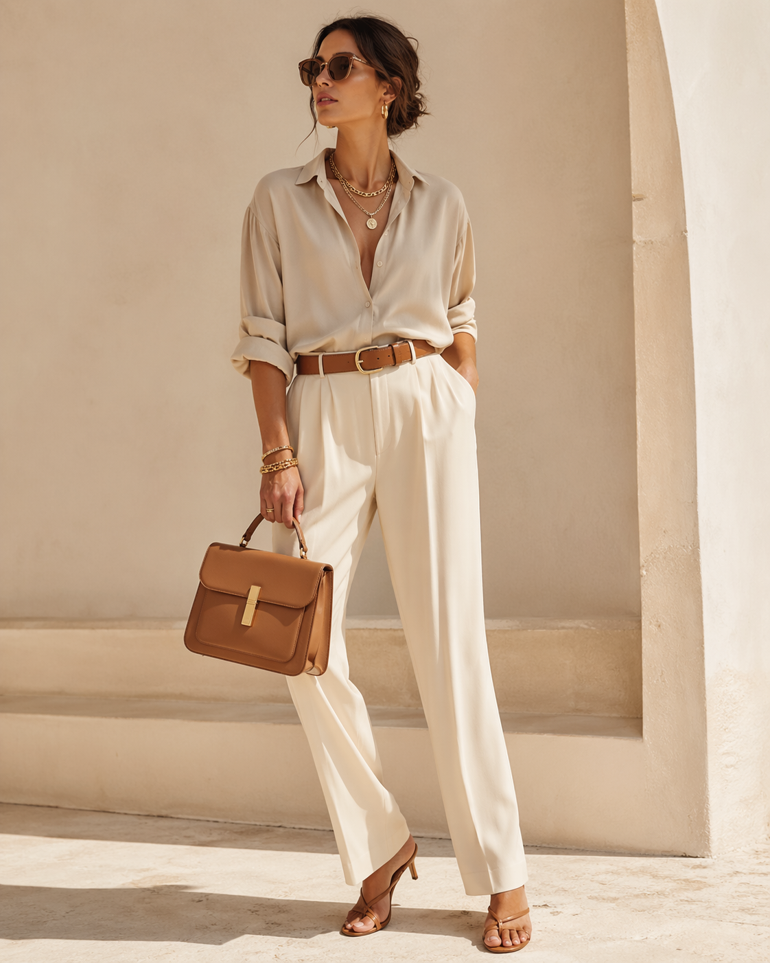 Explore our Accessories collection featuring a chic cream handbag, gold jewelry, stylish sunglasses, and a patterned silk scarf. Discover luxury Designer Accessories from Italy at URBALENTI™.
