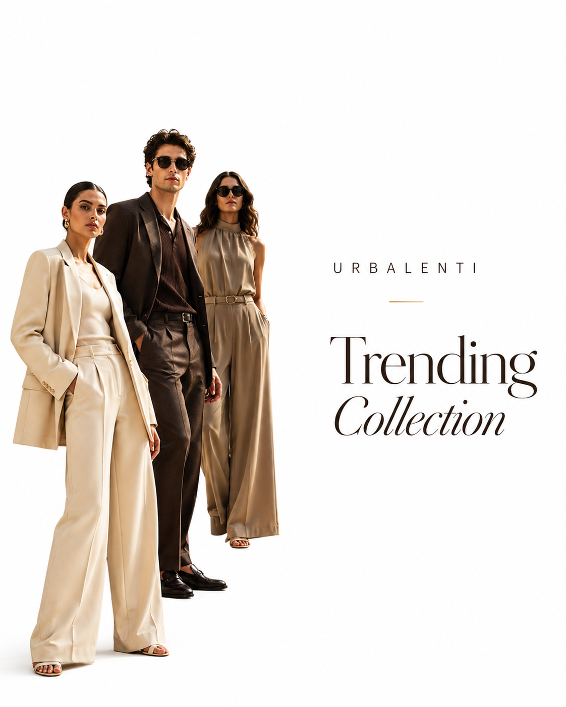 Discover the essence of the Trending Now collection with this stylish image featuring three models showcasing curated designer fashion from URBALENTI, highlighting premium styles that define current trends.