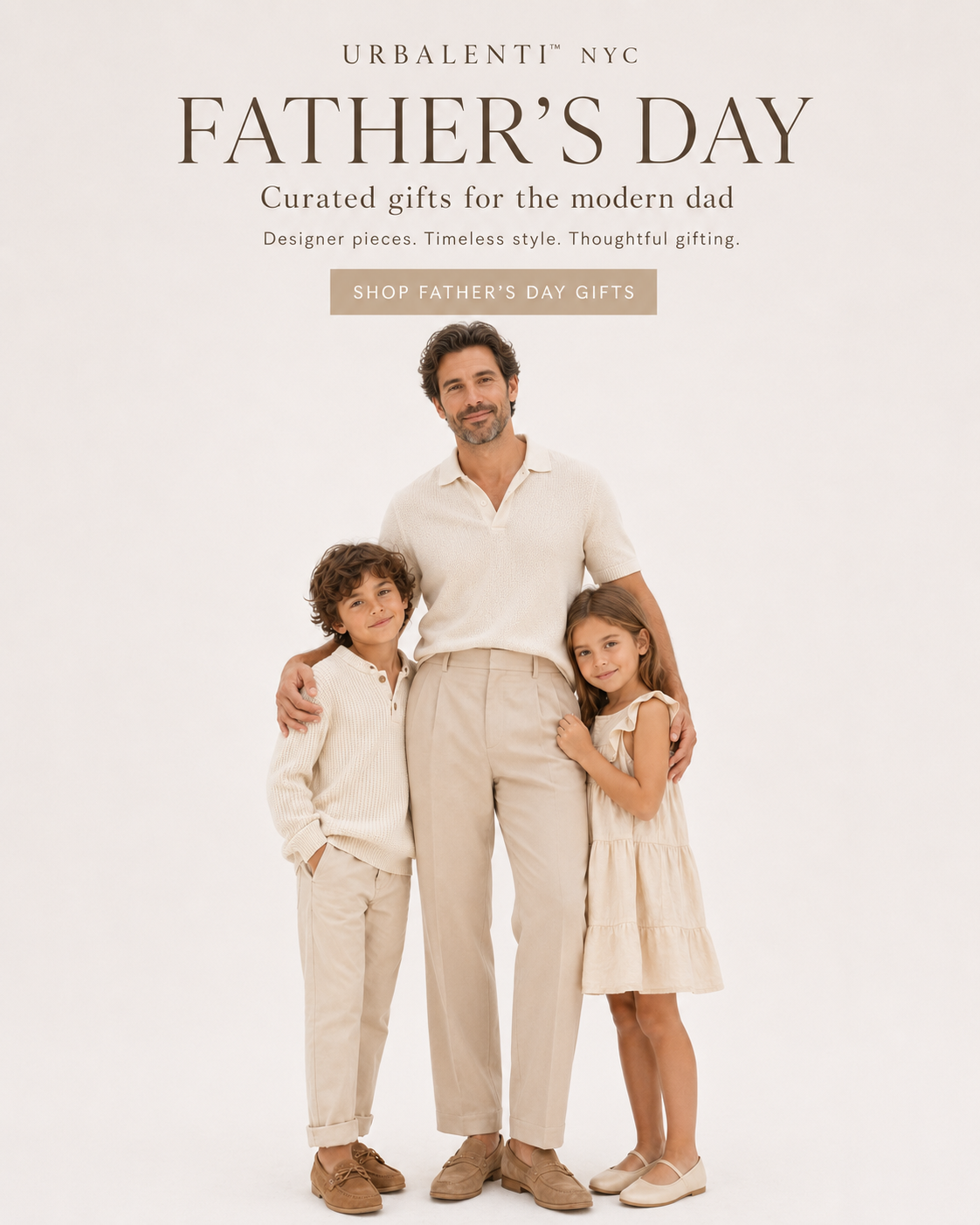 Man with two children standing together, promotional image for Urbalenti NYC Father's Day gifts.
