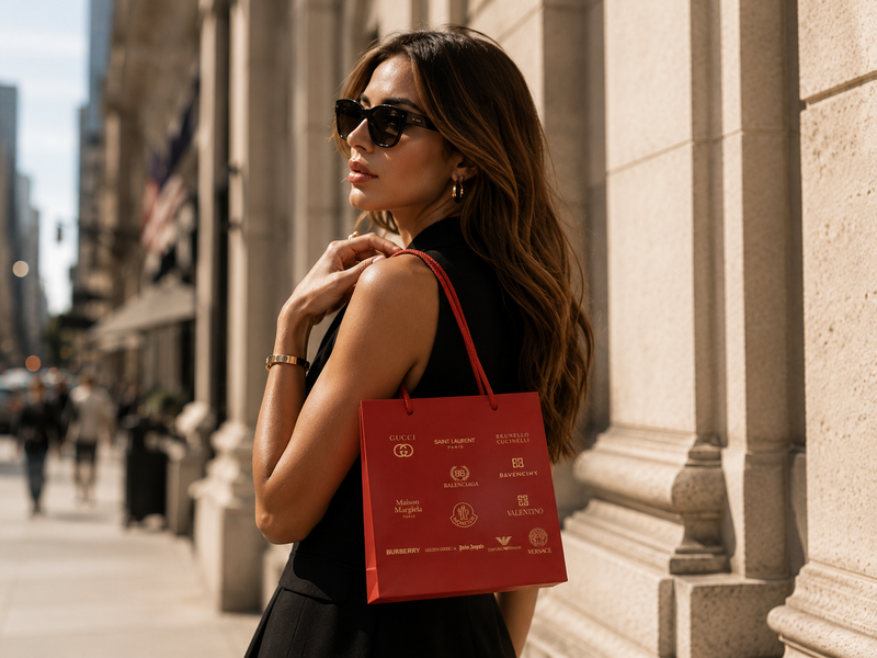 A woman in a black dress and sunglasses carries a red shopping bag printed with multiple luxury brand logos, standing on a city sidewalk next to a stone building.