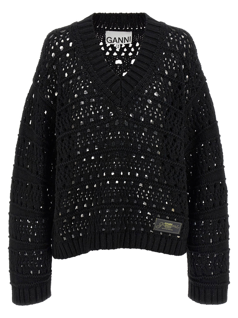 Ganni Ganni Black Crochet V-neck Sweater