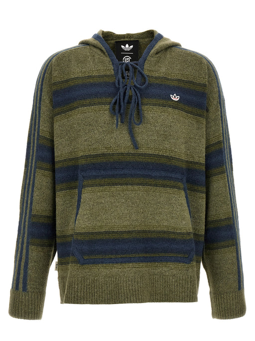 Front view of the Adidas Originals Clot Baja Hoodie by Edison Chen, showcasing the premium striped wool and mohair blend fabric with a relaxed fit, designed for streetwear enthusiasts. Available at Urbalenti™ NYC. Ideal for Spring - Summer 2026. LDin, Men, Men > Clothing, Men > Clothing > Topwear, Yes Eu.