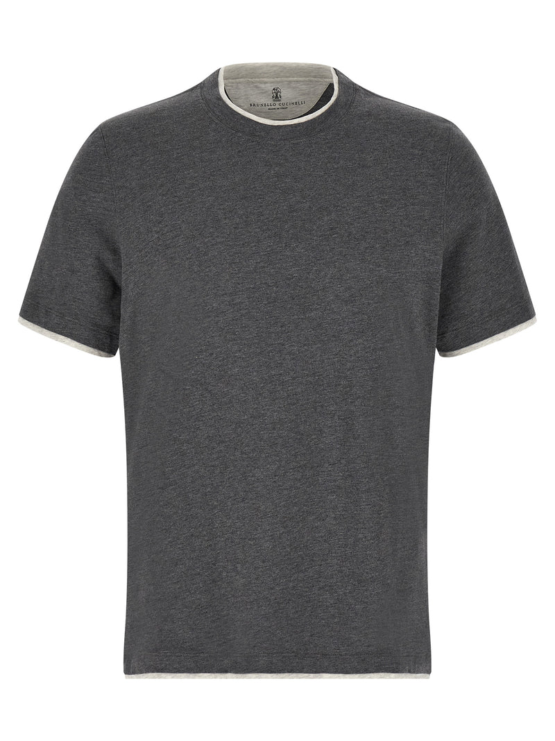 URBALENTI NYC image of Brunello Cucinelli T-Shirt titled Brunello Cucinelli Double Layer Short Sleeve T-Shirt , featuring Brunello Cucinelli cotton mélange with crew neck and double-layer effect piping—LDin, Men, Men > Clothing, Men > Clothing > Topwear, Spring - Summer 2026, Yes Eu, Brunello Cucinelli Double Layer Short Sleeve T-Shirt , URBALENTI NYC