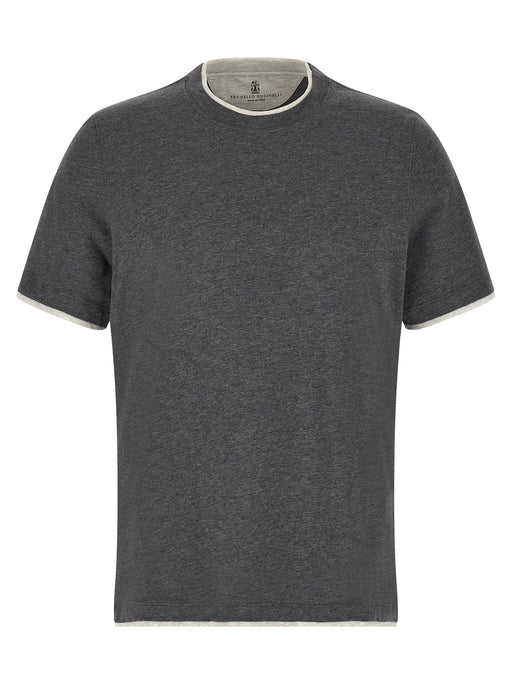 URBALENTI NYC image of Brunello Cucinelli T-Shirt titled Brunello Cucinelli Double Layer Short Sleeve T-Shirt , featuring Brunello Cucinelli cotton mélange with crew neck and double-layer effect piping—LDin, Men, Men > Clothing, Men > Clothing > Topwear, Spring - Summer 2026, Yes Eu, Brunello Cucinelli Double Layer Short Sleeve T-Shirt , URBALENTI NYC