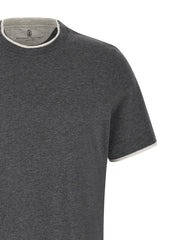 Close-up detail from URBALENTI NYC showing Brunello Cucinelli T-Shirt titled Brunello Cucinelli Double Layer Short Sleeve T-Shirt , with Brunello Cucinelli neckline logo and double-layer effect trim on a cotton mélange short sleeve—LDin, Men, Men > Clothing, Men > Clothing > Topwear, Spring - Summer 2026, Yes Eu, Brunello Cucinelli Double Layer Short Sleeve T-Shirt , URBALENTI NYC