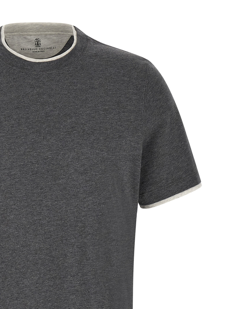 Close-up detail from URBALENTI NYC showing Brunello Cucinelli T-Shirt titled Brunello Cucinelli Double Layer Short Sleeve T-Shirt , with Brunello Cucinelli neckline logo and double-layer effect trim on a cotton mélange short sleeve—LDin, Men, Men > Clothing, Men > Clothing > Topwear, Spring - Summer 2026, Yes Eu, Brunello Cucinelli Double Layer Short Sleeve T-Shirt , URBALENTI NYC