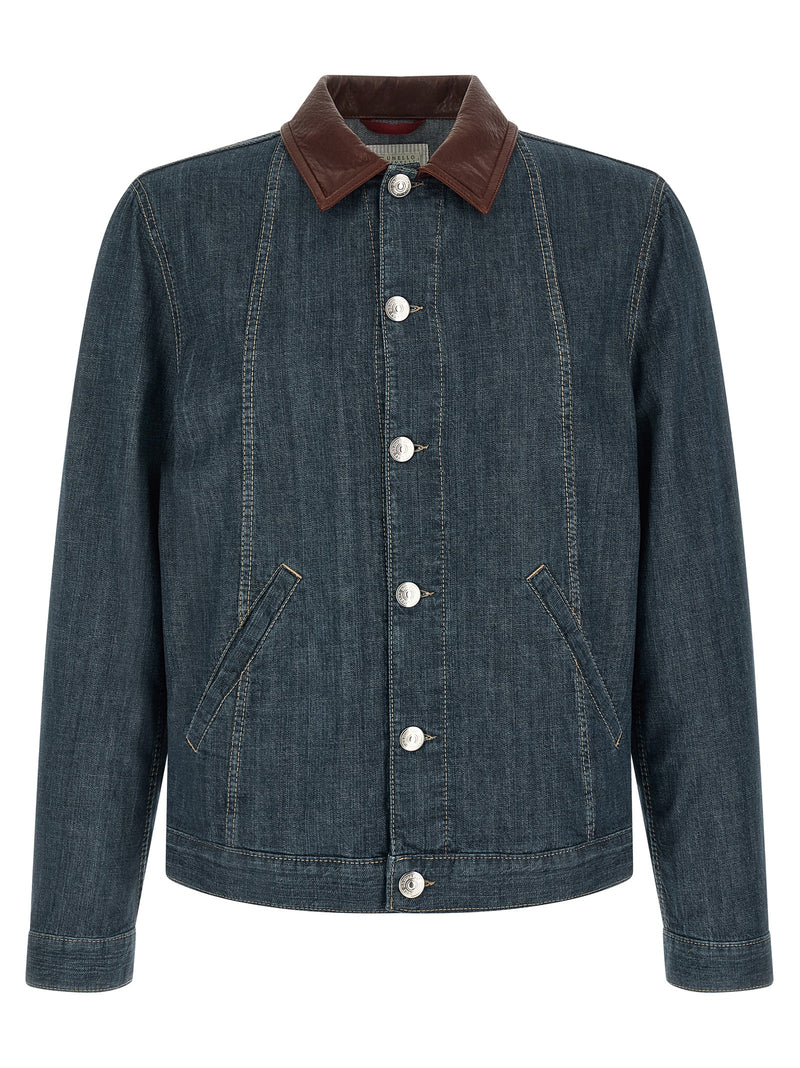 Brunello Cucinelli Leather Collar Denim Jacket | Urbalenti™ NYC