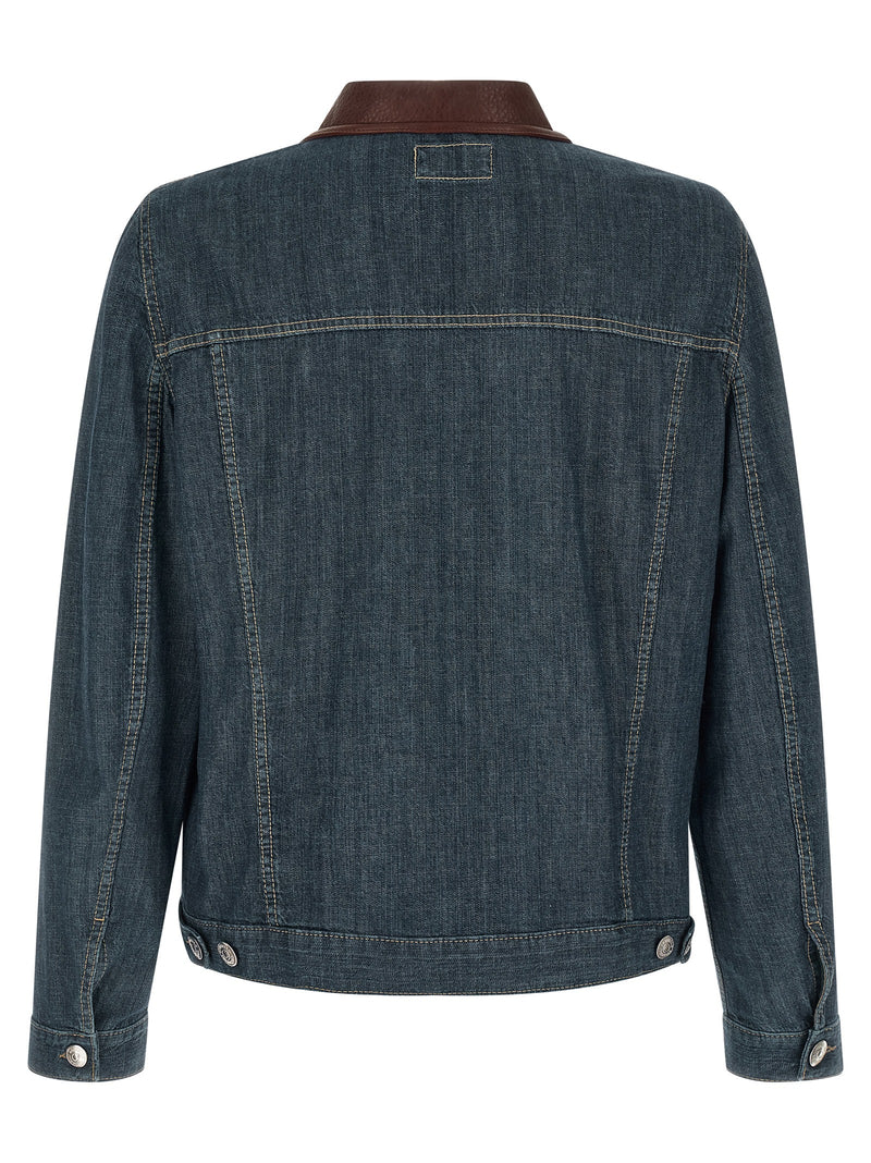 Brunello Cucinelli Leather Collar Denim Jacket | Urbalenti™ NYC