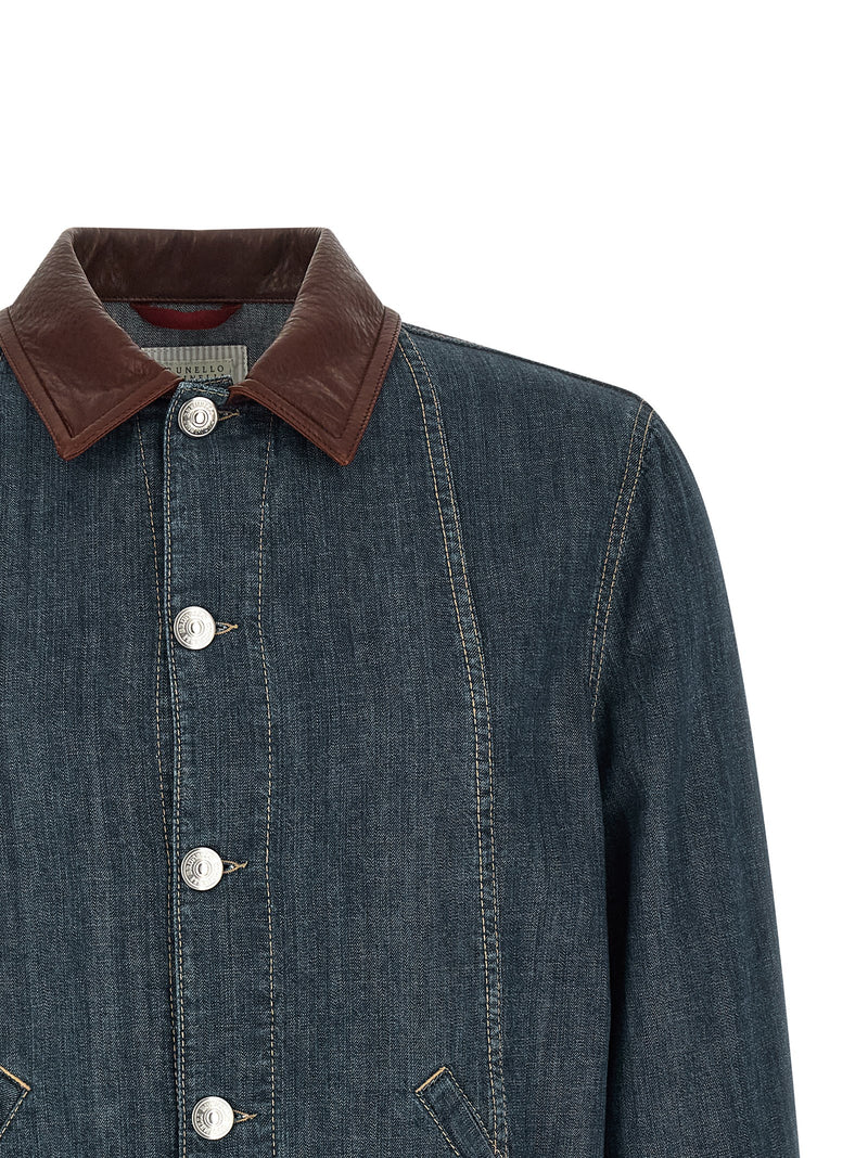 Brunello Cucinelli Leather Collar Denim Jacket | Urbalenti™ NYC
